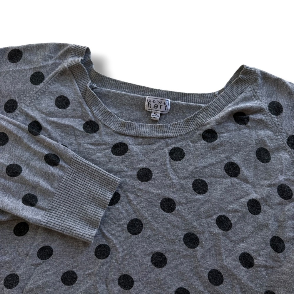Keren Hart Women's XL Grey Black Polka Dot Scoop Neck Raglan Sleeve Knit Sweater